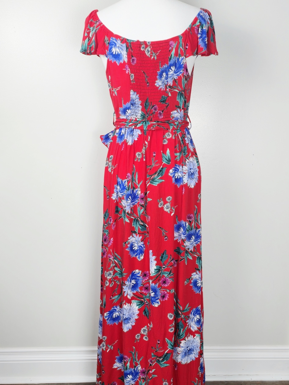 Band of Gypsies Off Shoulder Ruffle Sleeve Red Floral Maxi Dress & Blue Blooms - Picture 8 of 16